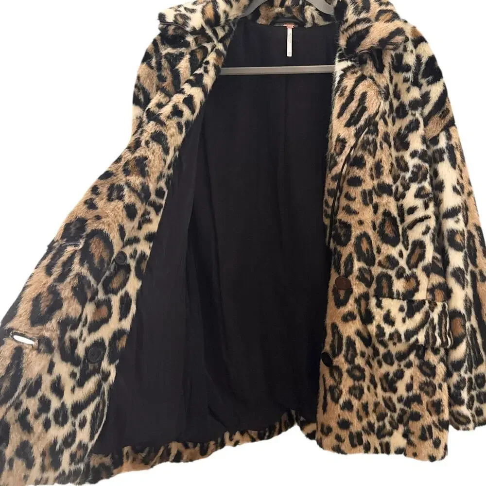 Free People Kate Leopard Print Faux Fur Oversized Coat Jacket Size XS